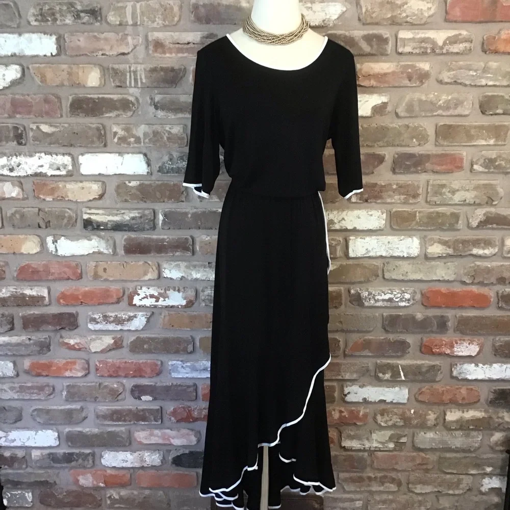 SPENSE Women's Black with White Piping Trim 3/4 Sleeve Asymmetrical Dress L - Picture 2 of 6